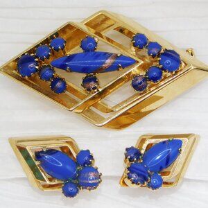 VINTAGE VENETIAN BLUE SOMMERSO AVENTURINE all prong Brooch & Earring set